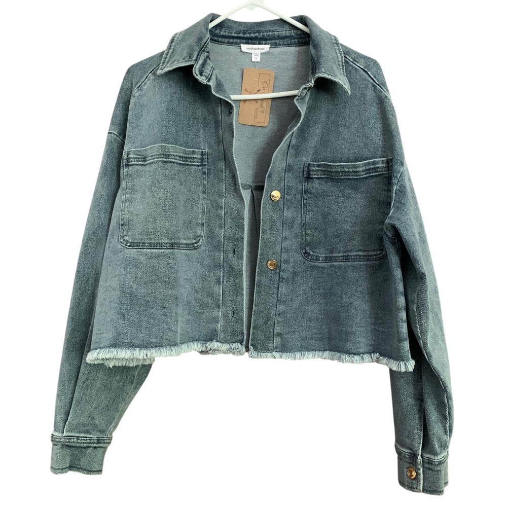 Mittoshop Cropped Patch Pocket Frayed Hem Denim Oversized Boxy Jacket Sz S